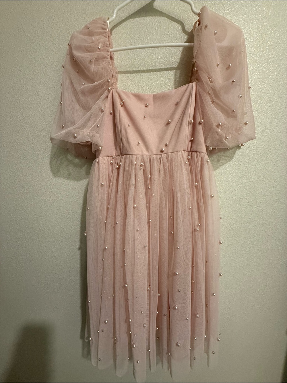 Francesca's Collections Blush Pearl-Studded Tulle Mini Dress
